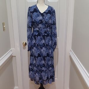 Navy Blue Floral Long Sleeve Midi Dress